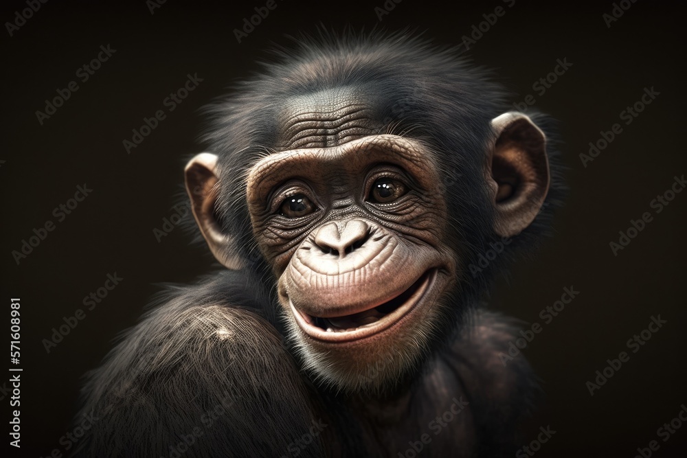 An up close image of a young chimpanzee with a funny grin and space for text. Generative AI An up close image of a young chimpanzee with a funny grin and space for text. Generative AI