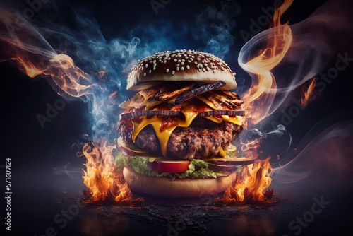 A juicy burger with cheese and bacon  with smoke and flame effects created using generative AI