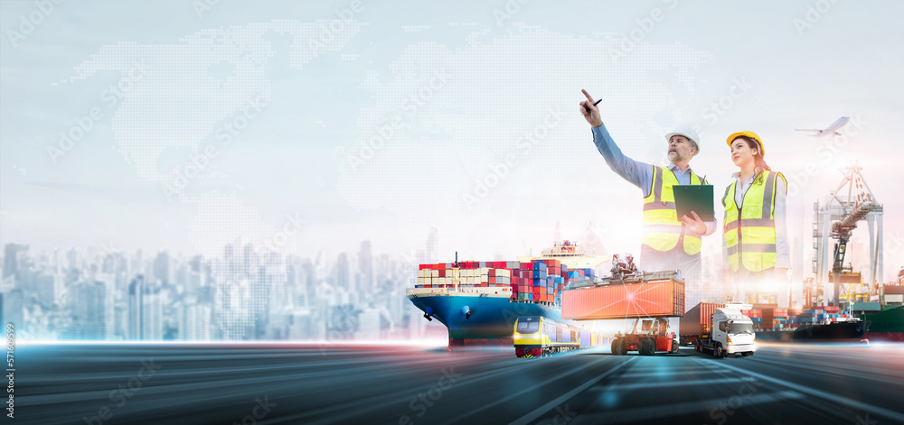 Engineer working at industrial port and construction container checking inspection concept, Global business logistics and transportation import export cargo freight ship distribution with copy space - obrazy, fototapety, plakaty 