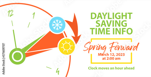 Spring Forward 2023. Daylight Saving Time Begins. Switch time from wintertime to summertime at sunday, march 13. Graphic vector web banner schedule with info and date