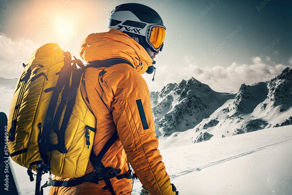 An extreme winter skier in a mask and helmet wearing yellow jacket is going down a virgin sharp slope in the mountain hills. Generative AI