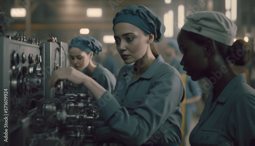 A group of empowered women working together in a factory or production line, Related to Women's History Month themes. Created with generative AI technology.
