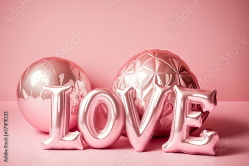 The word love spelled out of balloons in front of pink background. Generative AI.