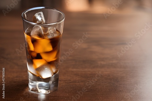 Espresso tonic with clear ice cube in tumbler glass on oak wood table with copy space, shallow focus - generative ai