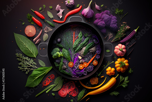 Pan filled with lots of different types of vegetables. Generative AI.