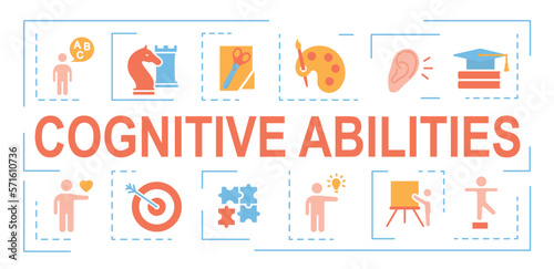 Congitive abilities color banner. Set of icons for website. Chess, puzzles and arrow in target, paints. Education, career and ambitions. Cartoon flat vector illustrations isolated on white background
