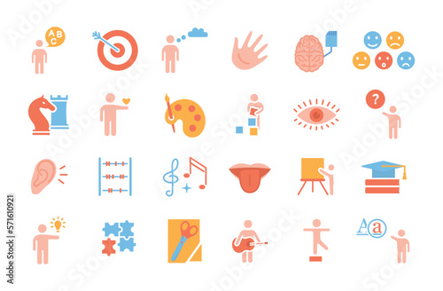 Congitive abilities color icons set. Collection of elements for website. Ccreative skills and logical thinking, planning and strategy. Cartoon flat vector illustrations isolated on white background