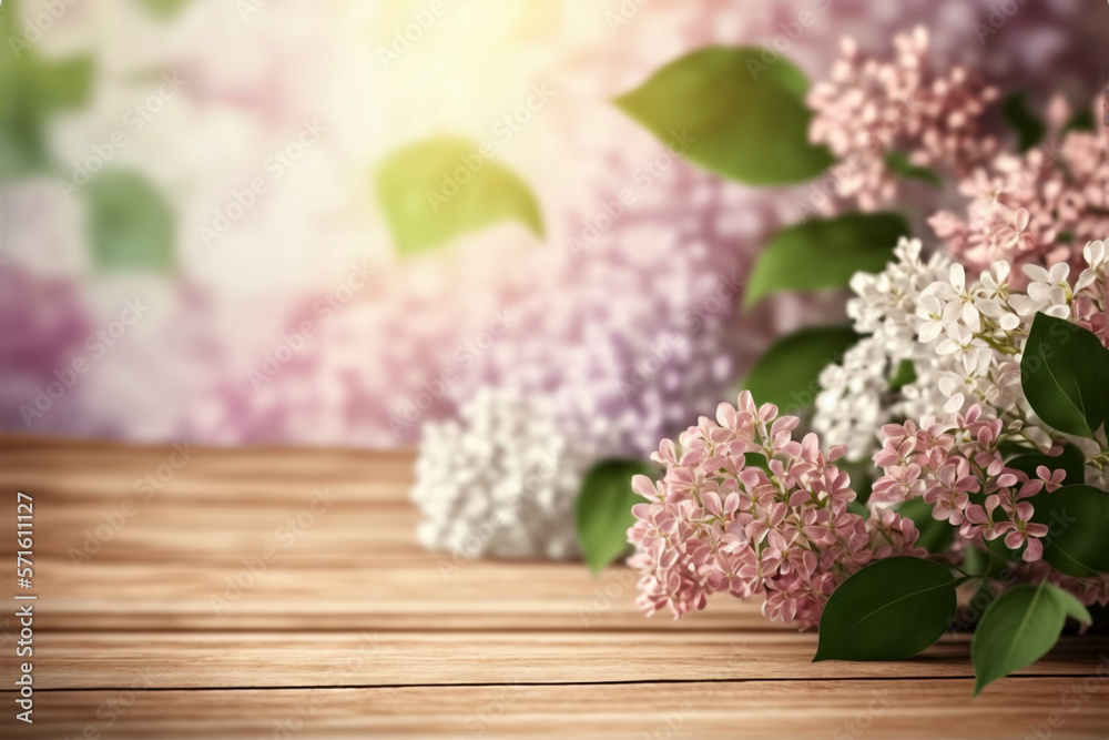 Lilac on the wooden table, created with Generative AI technology