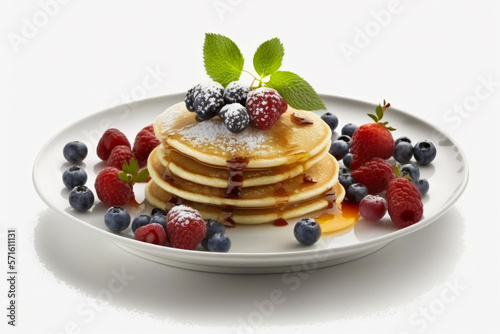 White plate topped with pancakes and berries. Generative AI.