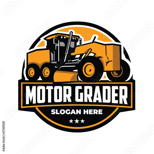 Motor grader emblem logo vector art. Best for road contruction machinery rental company industry