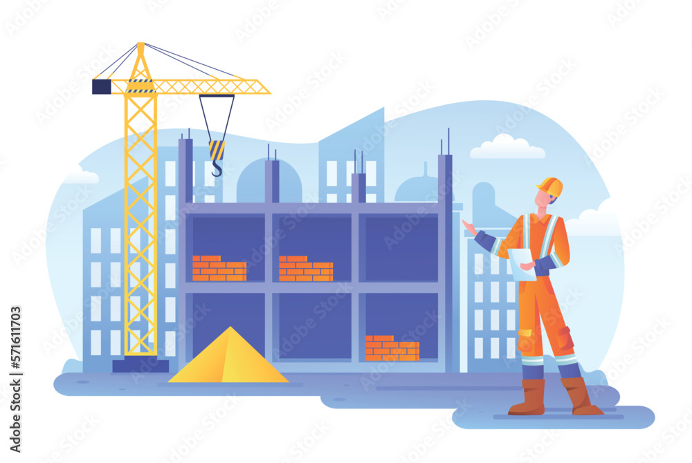 Engineer at construction. Man in uniform and safety helmet next to construction crane building house out of bricks. Worker with materials and equipment, architecture. Cartoon flat vector illustration