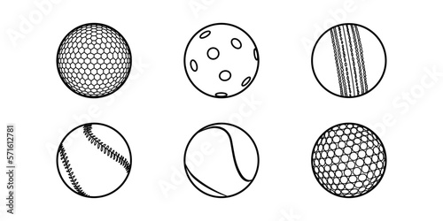 A set of black and white sports balls. Tennis, hockey, baseball, cricket, golf, floorball.
