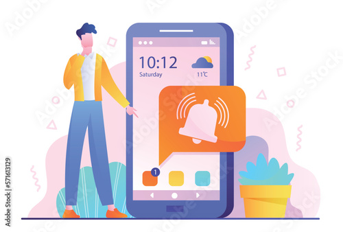 Notification on smartphone. Man looks at phone screen with applications and programs. Modern technologies and digital world. Push, reminder or alarm concept. Cartoon flat vector illustration