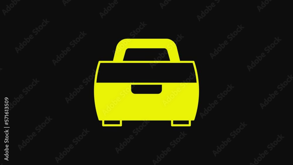 Yellow Case or box container for wobbler and gear fishing equipment icon isolated on black background. Fishing tackle. 4K Video motion graphic animation Yellow Case or box container for wobbler and gear fishing equipment icon isolated on black background. Fishing tackle. 4K Video motion graphic animation