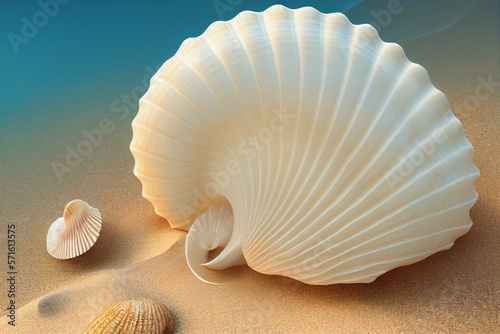 Tela a large beautiful exotic seashell lies on the sand on an exotic beach, generativ
