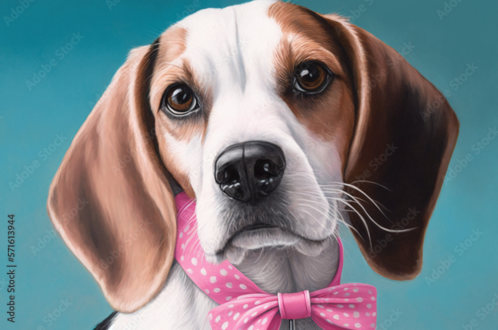 Close-up portrait of a Beagle with blue background