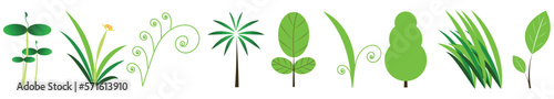 grass. tree. plant. Realistic green grass. Shrubs set in vases. Collection of green plants. Spring plants, bushes, grass, flowers, vases. Natural plant ingredients. A variety of shrubs with flowers.