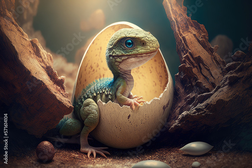 Baby dinosaur hatching from an egg, Generative AI

