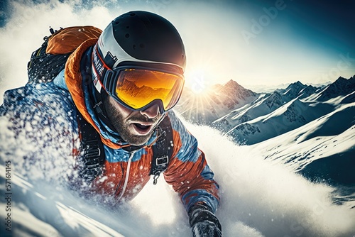 An extreme winter skier in a mask and helmet wearing orange jacket is going down a virgin sharp slope in the mountain hills. Generative AI
