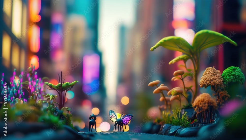  a small toy figure is standing in the middle of a city with a butterfly on it's back and flowers in the foreground.  generative ai