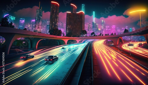  a night scene of a highway with cars and neon lights in the city with skyscrapers in the background and a bridge in the foreground. generative ai
