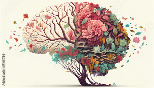 Abstract colorful background, Human brain with Flowers, Generative AI