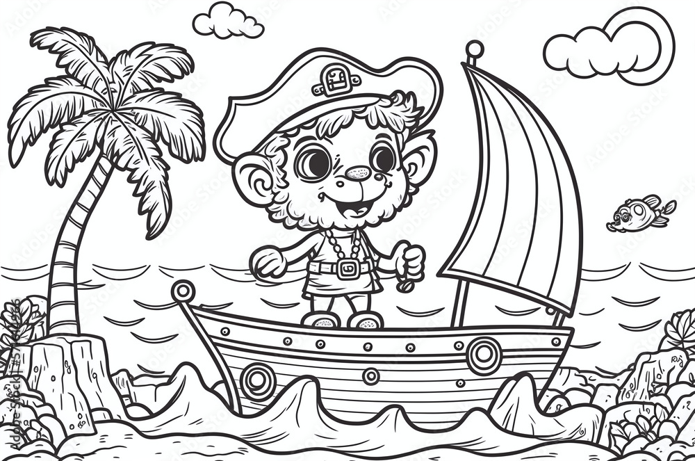 Coloring page for kids, with an amusing monkey in a pirate ship Stock