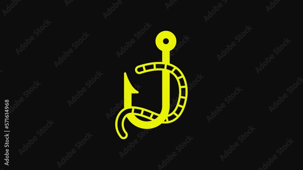 Yellow Fishing hook and worm icon isolated on black background. Fishing tackle. 4K Video motion graphic animation Yellow Fishing hook and worm icon isolated on black background. Fishing tackle. 4K Video motion graphic animation