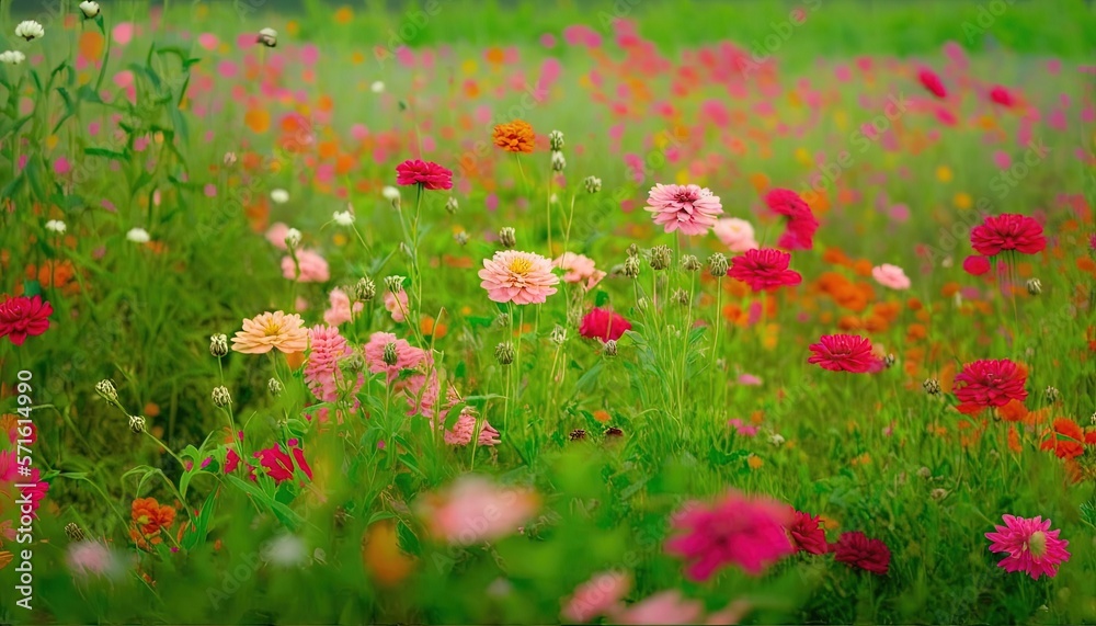 a field full of colorful flowers with a green field in the background of the photo and a blue sky in the background. generative ai a field full of colorful flowers with a green field in the background of the photo and a blue sky in the background. generative ai