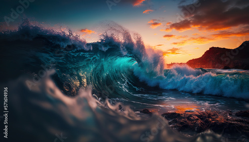 Sunset over the sea, beautiful blue waves, Generative AI