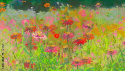  a painting of a field of flowers with a red flower in the middle of the picture and a green field in the background with a red flower in the middle.  generative ai © Anna