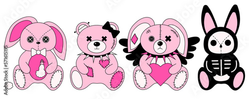 2000s emo girl kawaii bunny and teddy bear sticker set. Y2K, 90s glamour aestetic. Cartoon character