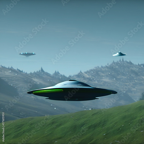 UFO's Flying Over Meadows And Mountains, Illustration