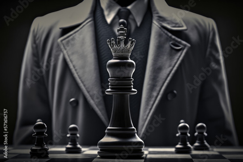 Manipulation, covert control, political games and shadow government concept with unrecognizable man in a suit standing against a chessboard with the king. Created with Generative AI technology.
