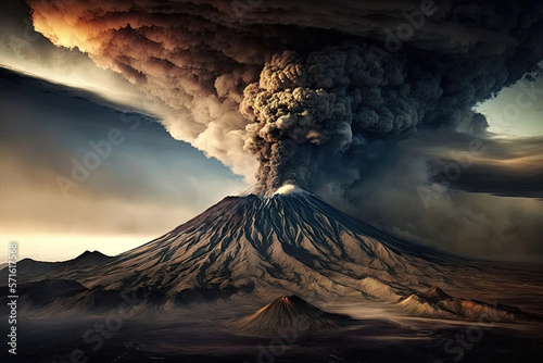 A panoramic view of a volcano with a plume of smoke in the background, Rank 1 National Geographic, volcano, mountain, landscape, sky, nature, mount, eruption, fuji, clouds, travel, peak, lava, snow, 