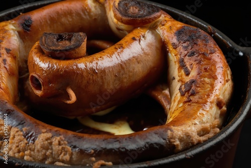 close up of Sausage with Toad in the Hole Toad, a classic English dish made with sausages and Yorkshire pudding batter and baked in a black porcelain dish. Generative AI photo