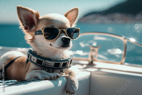 Chihuahua in fashion sunglasses whole body lying on the yacht and traveling at the beach, water reflection in glasses, vacation at sea, generated ai