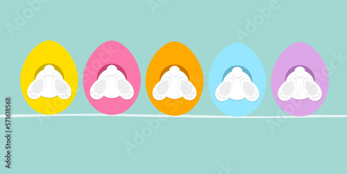 Banner 5 Weiße Osterhasen In Ostereiern Von Hinten Türkis