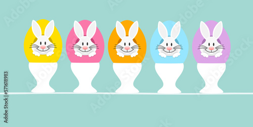 5 Weiße Osterhasen In Ei Eierbecher Vorn Türkis