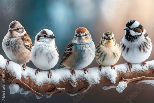 panoramic photo with a group of small funny birds sparrows sit on a branch in different poses in a winter Park. Generative AI © 2ragon