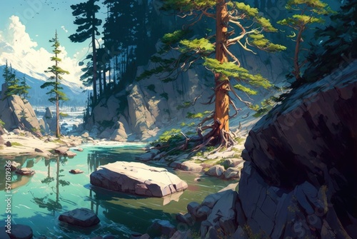 Unexplored wilderness of conifer pine trees growing on rocky cliffs, river streams flowing into a vast lake. Rugged terrain and lush green vegetation - generative AI. 
