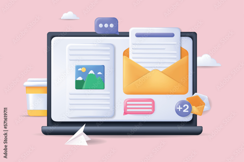 Email service concept 3D illustration. Icon composition with letter in envelope and information document for mailing on computer screen, online communication. Vector illustration for modern web design