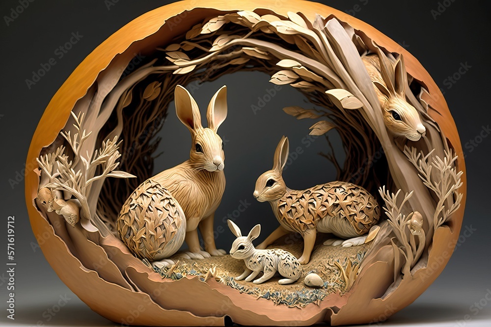 Obraz premium Easter egg and bunny, wood sculpture (Ai generated)