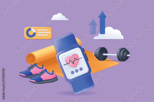 Fitness concept 3D illustration. Icon composition with smart watch with heartbeats, sneakers, barbell for strength training, yoga mat. Workout and sport. Vector illustration for modern web design © Andrey
