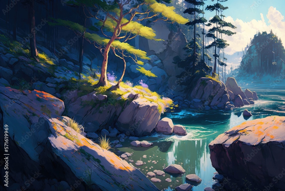 Unexplored wilderness of conifer pine trees growing on rocky cliffs