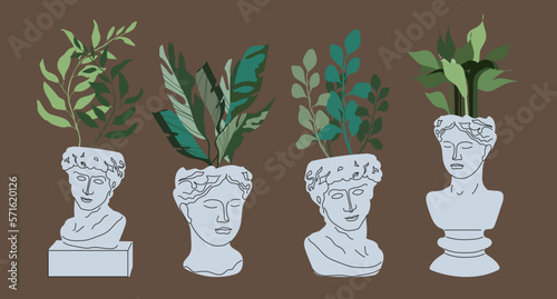 Trendy collection of home plants in statue heads flowerpots pack icons. Set of houseplants in pots modern illustrations.