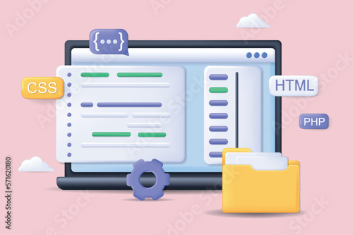 Programming concept 3D illustration. Icon composition with html, php and other coding languages on computer screen, software and programs creating process. Vector illustration for modern web design
