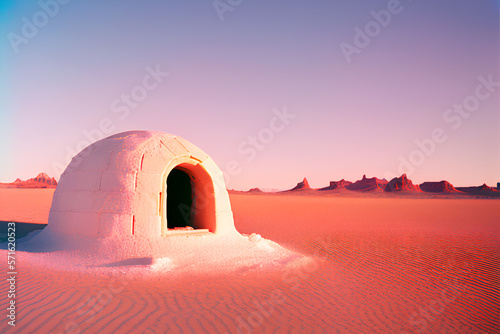AI generated image of an igloo built in the middle of the desert.