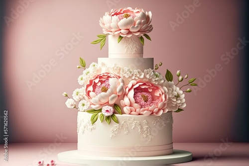 Tastefully decorated birthday or wedding cake with floral decorations for a woman. AI generative
