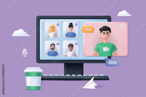 Video conference concept 3D illustration. Icon composition with talking people in differents screens, online meeting for work briefing and distance teamwork. Vector illustration for modern web design